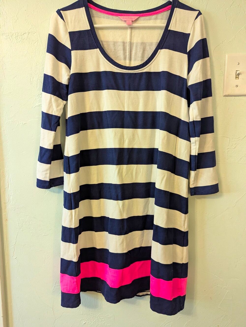 Lilly Pulitzer Shift Knit Dress, Navy/Off White Stripe Pink Colorblock, S, 3/4